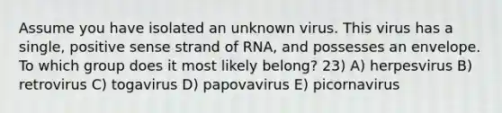 Assume you have isolated an unknown virus. This virus has a single, positive sense strand of RNA, and possesses an envelope. To which group does it most likely belong? 23) A) herpesvirus B) retrovirus C) togavirus D) papovavirus E) picornavirus