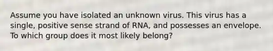 Assume you have isolated an unknown virus. This virus has a single, positive sense strand of RNA, and possesses an envelope. To which group does it most likely belong?