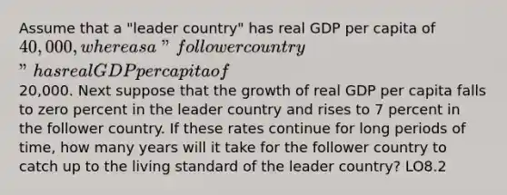 Assume that a "leader country" has real GDP per capita of 40,000, whereas a "follower country" has real GDP per capita of20,000. Next suppose that the growth of real GDP per capita falls to zero percent in the leader country and rises to 7 percent in the follower country. If these rates continue for long periods of time, how many years will it take for the follower country to catch up to the living standard of the leader country? LO8.2