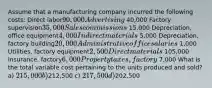 Assume that a manufacturing company incurred the following costs: Direct labor90,000 Advertising 40,000 Factory supervision35,000 Sales commissions 15,000 Depreciation, office equipment4,000 Indirect materials 5,000 Depreciation, factory building20,000 Administrative office salaries 1,000 Utilities, factory equipment2,500 Direct materials 105,000 Insurance, factory6,000 Property taxes, factory 7,000 What is the total variable cost pertaining to the units produced and sold? a) 215,000 b)212,500 c) 217,500 d)202,500