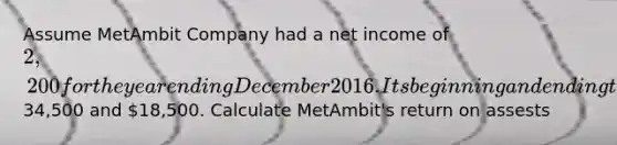 Assume MetAmbit Company had a net income of 2,200 for the year ending December 2016. Its beginning and ending total assets were34,500 and 18,500. Calculate MetAmbit's return on assests