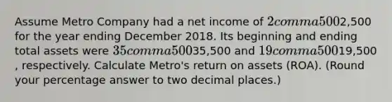 Assume Metro Company had a net income of 2 comma 5002,500 for the year ending December 2018. Its beginning and ending total assets were 35 comma 50035,500 and 19 comma 50019,500​, respectively. Calculate​ Metro's return on assets​ (ROA). (Round your percentage answer to two decimal​ places.)