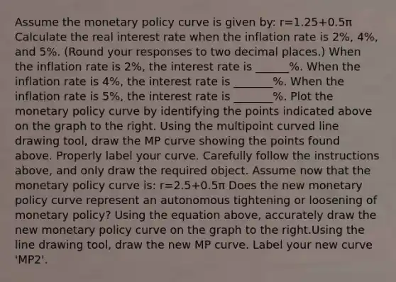 Assume the <a href='https://www.questionai.com/knowledge/kEE0G7Llsx-monetary-policy' class='anchor-knowledge'>monetary policy</a> curve is given​ by: r=1.25+0.5π Calculate the real interest rate when the inflation rate is 2%, 4%, and 5%. ​(Round your responses to two decimal places.​) When the inflation rate is 2​%, the interest rate is ______​%. When the inflation rate is 4​%, the interest rate is _______%. When the inflation rate is 5​%, the interest rate is _______%. Plot the monetary policy curve by identifying the points indicated above on the graph to the right. Using the multipoint <a href='https://www.questionai.com/knowledge/k6NAOD2AuR-curved-line' class='anchor-knowledge'>curved line</a> drawing tool​, draw the MP curve showing the points found above. Properly label your curve. Carefully follow the instructions​ above, and only draw the required object. Assume now that the monetary policy curve​ is: r=2.5+0.5π Does the new monetary policy curve represent an autonomous tightening or loosening of monetary​ policy? Using the equation​ above, accurately draw the new monetary policy curve on the graph to the right.Using the line drawing​ tool, draw the new MP curve. Label your new curve ​'MP2​'.