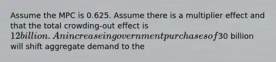 Assume the MPC is 0.625. Assume there is a multiplier effect and that the total crowding-out effect is 12 billion. An increase in government purchases of30 billion will shift aggregate demand to the