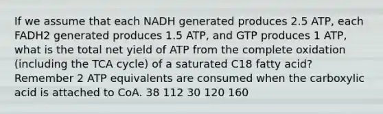 If we assume that each NADH generated produces 2.5 ATP, each FADH2 generated produces 1.5 ATP, and GTP produces 1 ATP, what is the total net yield of ATP from the complete oxidation (including the TCA cycle) of a saturated C18 fatty acid? Remember 2 ATP equivalents are consumed when the carboxylic acid is attached to CoA. 38 112 30 120 160