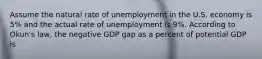 Assume the natural rate of unemployment in the U.S. economy is 5% and the actual rate of unemployment is 9%. According to Okun's law, the negative GDP gap as a percent of potential GDP is