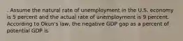 . Assume the natural rate of unemployment in the U.S. economy is 5 percent and the actual rate of unemployment is 9 percent. According to Okun's law, the negative GDP gap as a percent of potential GDP is