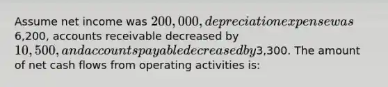 Assume net income was 200,000, depreciation expense was6,200, accounts receivable decreased by 10,500, and accounts payable decreased by3,300. The amount of net cash flows from operating activities is: