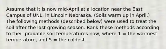 Assume that it is now mid-April at a location near the East Campus of UNL, in Lincoln Nebraska. (Soils warm up in April.) The following methods (described below) were used to treat the soil after the last growing season. Rank these methods according to their probable soil temperatures now, where 1 = the warmest temperature, and 5 = the coldest.