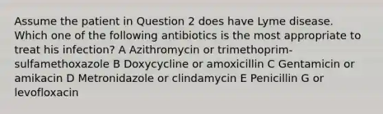 Assume the patient in Question 2 does have Lyme disease. Which one of the following antibiotics is the most appropriate to treat his infection? A Azithromycin or trimethoprim-sulfamethoxazole B Doxycycline or amoxicillin C Gentamicin or amikacin D Metronidazole or clindamycin E Penicillin G or levofloxacin