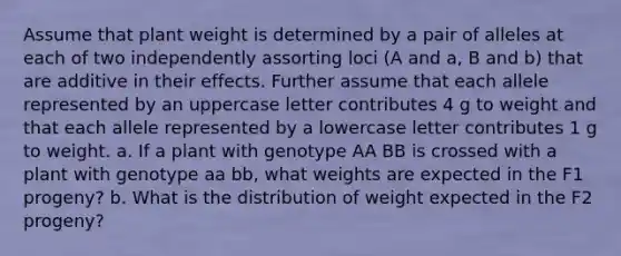 Assume that plant weight is determined by a pair of alleles at each of two independently assorting loci (A and a, B and b) that are additive in their effects. Further assume that each allele represented by an uppercase letter contributes 4 g to weight and that each allele represented by a lowercase letter contributes 1 g to weight. a. If a plant with genotype AA BB is crossed with a plant with genotype aa bb, what weights are expected in the F1 progeny? b. What is the distribution of weight expected in the F2 progeny?