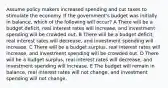 Assume policy makers increased spending and cut taxes to stimulate the economy. If the government's budget was initially in balance, which of the following will occur? A There will be a budget deficit, real interest rates will increase, and investment spending will be crowded out. B There will be a budget deficit, real interest rates will decrease, and investment spending will increase. C There will be a budget surplus, real interest rates will increase, and investment spending will be crowded out. D There will be a budget surplus, real interest rates will decrease, and investment spending will increase. E The budget will remain in balance, real interest rates will not change, and investment spending will not change.