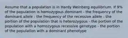 Assume that a population is in Hardy Weinberg equilibrium. If 9% of the population is homozygous dominant - the frequency of the dominant allele - the frequency of the recessive allele - the portion of the population that is heterozygous - the portion of the population with a homozygous recessive genotype - the portion of the population with a dominant phenotype