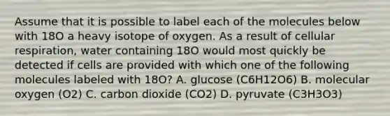 Assume that it is possible to label each of the molecules below with 18O a heavy isotope of oxygen. As a result of <a href='https://www.questionai.com/knowledge/k1IqNYBAJw-cellular-respiration' class='anchor-knowledge'>cellular respiration</a>, water containing 18O would most quickly be detected if cells are provided with which one of the following molecules labeled with 18O? A. glucose (C6H12O6) B. molecular oxygen (O2) C. carbon dioxide (CO2) D. pyruvate (C3H3O3)