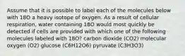 Assume that it is possible to label each of the molecules below with 18O a heavy isotope of oxygen. As a result of cellular respiration, water containing 18O would most quickly be detected if cells are provided with which one of the following molecules labeled with 18O? carbon dioxide (CO2) molecular oxygen (O2) glucose (C6H12O6) pyruvate (C3H3O3)