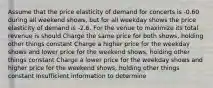 Assume that the price elasticity of demand for concerts is -0.60 during all weekend shows, but for all weekday shows the price elasticity of demand is -2.6. For the venue to maximize its total revenue is should Charge the same price for both shows, holding other things constant Charge a higher price for the weekday shows and lower price for the weekend shows, holding other things constant Charge a lower price for the weekday shows and higher price for the weekend shows, holding other things constant Insufficient information to determine