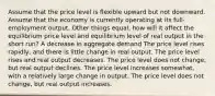 Assume that the price level is flexible upward but not downward. Assume that the economy is currently operating at its full-employment output. Other things equal, how will it affect the equilibrium price level and equilibrium level of real output in the short run? A decrease in aggregate demand The price level rises rapidly, and there is little change in real output. The price level rises and real output decreases. The price level does not change, but real output declines. The price level increases somewhat, with a relatively large change in output. The price level does not change, but real output increases.