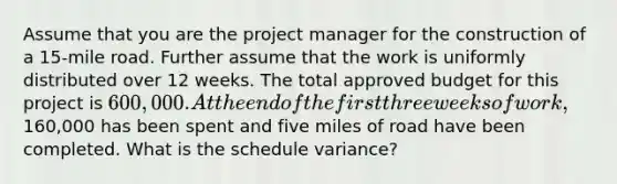 Assume that you are the project manager for the construction of a 15-mile road. Further assume that the work is uniformly distributed over 12 weeks. The total approved budget for this project is 600,000. At the end of the first three weeks of work,160,000 has been spent and five miles of road have been completed. What is the schedule variance?