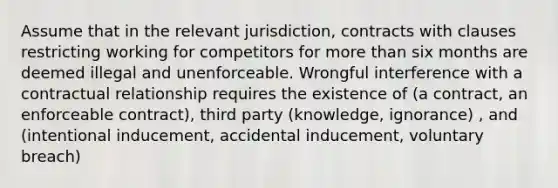 Assume that in the relevant jurisdiction, contracts with clauses restricting working for competitors for more than six months are deemed illegal and unenforceable. Wrongful interference with a contractual relationship requires the existence of (a contract, an enforceable contract), third party (knowledge, ignorance) , and (intentional inducement, accidental inducement, voluntary breach)