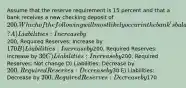 Assume that the reserve requirement is 15 percent and that a bank receives a new checking deposit of 200. Which of the following will most likely occur in the bank's balance sheet? A) Liabilities: Increase by200, Required Reserves: Increase by170 B) Liabilities: Increase by200, Required Reserves: Increase by 30 C) Liabilities: Increase by200, Required Reserves: Not change D) Liabilities: Decrease by 200, Required Reserves: Decrease by30 E) Liabilities: Decrease by 200, Required Reserves: Decrease by170