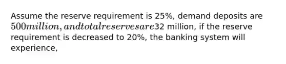 Assume the reserve requirement is 25%, demand deposits are 500 million, and total reserves are32 million, if the reserve requirement is decreased to 20%, the banking system will experience,