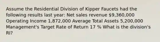 Assume the Residential Division of Kipper Faucets had the following results last year: Net sales revenue 9,360,000 Operating Income 1,872,000 Average Total Assets 5,200,000 Management's Target Rate of Return 17 % What is the division's RI?