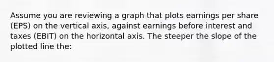 Assume you are reviewing a graph that plots earnings per share (EPS) on the vertical axis, against earnings before interest and taxes (EBIT) on the horizontal axis. The steeper the slope of the plotted line the: