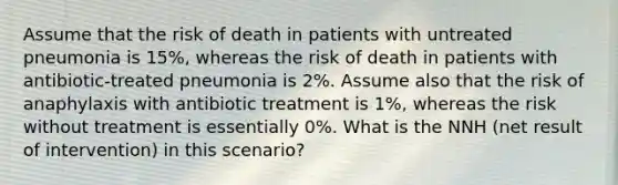 Assume that the risk of death in patients with untreated pneumonia is 15%, whereas the risk of death in patients with antibiotic‐treated pneumonia is 2%. Assume also that the risk of anaphylaxis with antibiotic treatment is 1%, whereas the risk without treatment is essentially 0%. What is the NNH (net result of intervention) in this scenario?