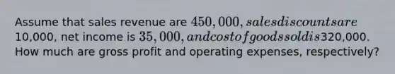 Assume that sales revenue are 450,000, sales discounts are10,000, net income is 35,000, and cost of goods sold is320,000. How much are gross profit and operating expenses, respectively?