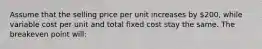 Assume that the selling price per unit increases by 200, while variable cost per unit and total fixed cost stay the same. The breakeven point will: