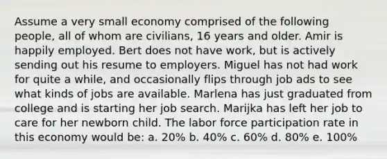 Assume a very small economy comprised of the following people, all of whom are civilians, 16 years and older. Amir is happily employed. Bert does not have work, but is actively sending out his resume to employers. Miguel has not had work for quite a while, and occasionally flips through job ads to see what kinds of jobs are available. Marlena has just graduated from college and is starting her job search. Marijka has left her job to care for her newborn child. The labor force participation rate in this economy would be: a. 20% b. 40% c. 60% d. 80% e. 100%