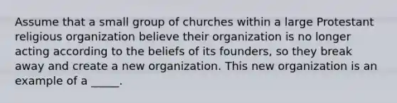 Assume that a small group of churches within a large Protestant religious organization believe their organization is no longer acting according to the beliefs of its founders, so they break away and create a new organization. This new organization is an example of a _____.