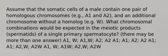 Assume that the somatic cells of a male contain one pair of homologous chromosomes (e.g., A1 and A2), and an additional chromosome without a homolog (e.g. W). What chromosomal combinations would be expected in the meiotic products (spermatids) of a single primary spermatocyte? (there may be more than one answer) A1, W; A1,W; A2; A2 A1; A1; A2; A2 A1; A1; A2,W; A2W A1, W; A1W; A2,W; A2W