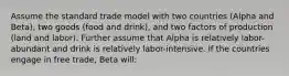 Assume the standard trade model with two countries (Alpha and Beta), two goods (food and drink), and two factors of production (land and labor). Further assume that Alpha is relatively labor-abundant and drink is relatively labor-intensive. If the countries engage in free trade, Beta will: