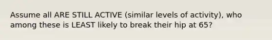 Assume all ARE STILL ACTIVE (similar levels of activity), who among these is LEAST likely to break their hip at 65?