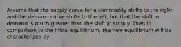 Assume that the supply curve for a commodity shifts to the right and the demand curve shifts to the left, but that the shift in demand is much greater than the shift in supply. Then in comparison to the initial equilibrium, the new equilibrium will be characterized by