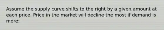 Assume the supply curve shifts to the right by a given amount at each price. Price in the market will decline the most if demand is more: