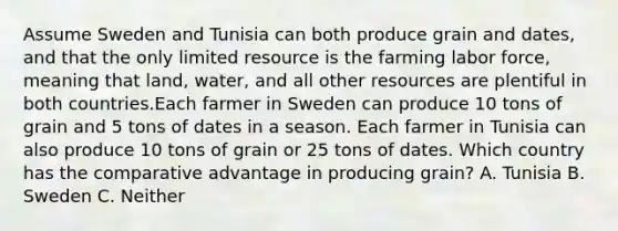 Assume Sweden and Tunisia can both produce grain and dates, and that the only limited resource is the farming labor force, meaning that land, water, and all other resources are plentiful in both countries.Each farmer in Sweden can produce 10 tons of grain and 5 tons of dates in a season. Each farmer in Tunisia can also produce 10 tons of grain or 25 tons of dates. Which country has the comparative advantage in producing grain? A. Tunisia B. Sweden C. Neither