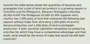 Assume the table below shows the quantities of bananas and pineapples that a plot of land can produce in a growing season in Columbia and the Philippines. Bananas Pineapples Columbia 40,000 8,000 The Philippines 20,000 32,000 Suppose each country has​ 2,000 plots of land and consumes the following​ (per season) without trade from allocating​ 1,000 plots of land to banana production and​ 1,000 plots of land to pineapple​ production: If both countries specialize completely by producing only that for which they have a comparative advantage and then​ trade, what would be the terms of trade that would benefit both​ countries?