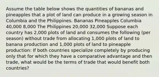 Assume the table below shows the quantities of bananas and pineapples that a plot of land can produce in a growing season in Columbia and the Philippines. Bananas Pineapples Columbia 40,000 8,000 The Philippines 20,000 32,000 Suppose each country has​ 2,000 plots of land and consumes the following​ (per season) without trade from allocating​ 1,000 plots of land to banana production and​ 1,000 plots of land to pineapple​ production: If both countries specialize completely by producing only that for which they have a comparative advantage and then​ trade, what would be the terms of trade that would benefit both​ countries?