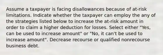 Assume a taxpayer is facing disallowances because of at-risk limitations. Indicate whether the taxpayer can employ the any of the strategies listed below to increase the at-risk amount in order to claim a higher deduction for losses. Select either "Yes, can be used to increase amount" or "No, it can't be used to increase amount". Decrease recourse or qualified nonrecourse business debt.