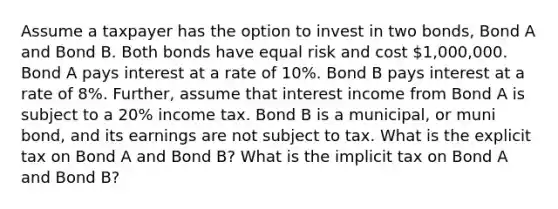 Assume a taxpayer has the option to invest in two bonds, Bond A and Bond B. Both bonds have equal risk and cost 1,000,000. Bond A pays interest at a rate of 10%. Bond B pays interest at a rate of 8%. Further, assume that interest income from Bond A is subject to a 20% income tax. Bond B is a municipal, or muni bond, and its earnings are not subject to tax. What is the explicit tax on Bond A and Bond B? What is the implicit tax on Bond A and Bond B?