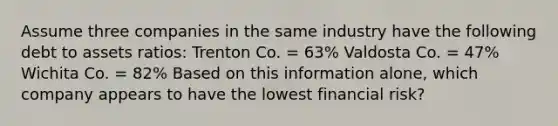 Assume three companies in the same industry have the following debt to assets ratios: Trenton Co. = 63% Valdosta Co. = 47% Wichita Co. = 82% Based on this information alone, which company appears to have the lowest financial risk?