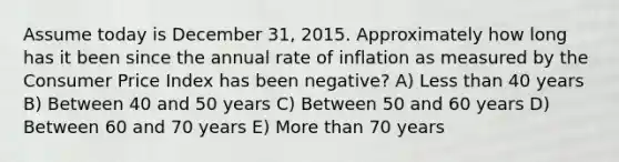 Assume today is December 31, 2015. Approximately how long has it been since the annual rate of inflation as measured by the Consumer Price Index has been negative? A) Less than 40 years B) Between 40 and 50 years C) Between 50 and 60 years D) Between 60 and 70 years E) More than 70 years