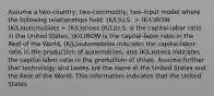 Assume a two-country, two-commodity, two-input model where the following relationships hold: (K/L)U.S. > (K/L)ROW (K/L)automobiles > (K/L)shoes (K/L)U.S. is the capital-labor ratio in the United States, (K/L)ROW is the capital-labor ratio in the Rest of the World, (K/L)automobiles indicates the capital-labor ratio in the production of automobiles, and (K/L)shoes indicates the capital-labor ratio in the production of shoes. Assume further that technology and tastes are the same in the United States and the Rest of the World. This information indicates that the United States