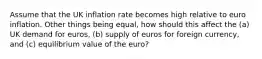 Assume that the UK inflation rate becomes high relative to euro inflation. Other things being equal, how should this affect the (a) UK demand for euros, (b) supply of euros for foreign currency, and (c) equilibrium value of the euro?