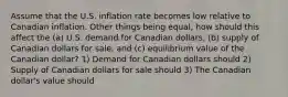 Assume that the U.S. inflation rate becomes low relative to Canadian inflation. Other things being equal, how should this affect the (a) U.S. demand for Canadian dollars, (b) supply of Canadian dollars for sale, and (c) equilibrium value of the Canadian dollar? 1) Demand for Canadian dollars should 2) Supply of Canadian dollars for sale should 3) The Canadian dollar's value should