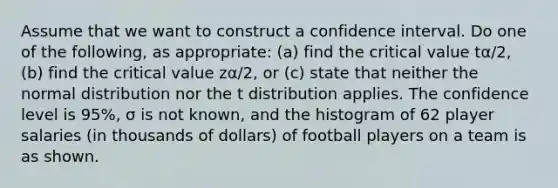 Assume that we want to construct a confidence interval. Do one of the​ following, as​ appropriate: (a) find the critical value tα/2​, ​(b) find the critical value zα/2​, or​ (c) state that neither the normal distribution nor the t distribution applies. The confidence level is 95​%, σ is not​ known, and the histogram of 62 player salaries​ (in thousands of​ dollars) of football players on a team is as shown.