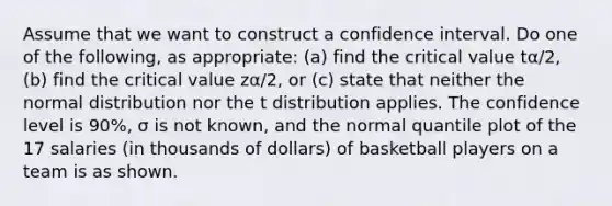 Assume that we want to construct a confidence interval. Do one of the​ following, as​ appropriate: (a) find the critical value tα/2​, ​(b) find the critical value zα/2​, or​ (c) state that neither the normal distribution nor the t distribution applies. The confidence level is 90​%, σ is not​ known, and the normal quantile plot of the 17 salaries​ (in thousands of​ dollars) of basketball players on a team is as shown.