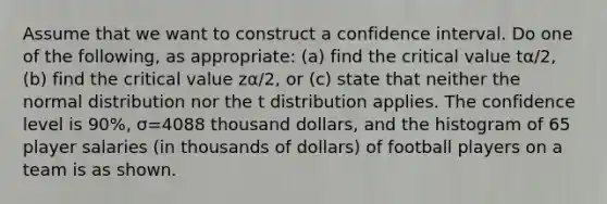 Assume that we want to construct a confidence interval. Do one of the​ following, as​ appropriate: (a) find the critical value tα/2​, ​(b) find the critical value zα/2​, or​ (c) state that neither the normal distribution nor the t distribution applies. The confidence level is 90​%, σ=4088 thousand​ dollars, and the histogram of 65 player salaries​ (in thousands of​ dollars) of football players on a team is as shown.